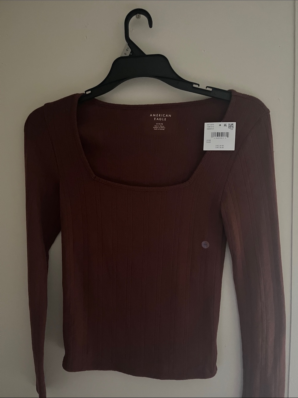 American Eagle Outfitters Brown Ribbed Square-Neck Long Sleeve Top